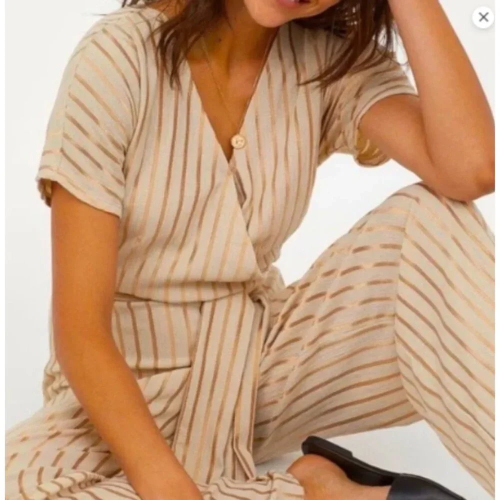 H&M Gold & Taupe Metallic Striped Wrap Jumpsuit, Wide Leg, Small - Picture 2 of 5